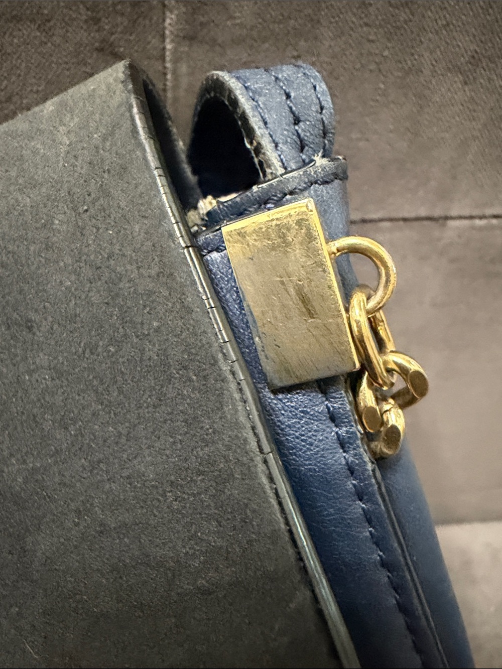 Chloe Navy Leather & Slate Suede Crossbody with Gold Ring - Picture 5 of 10